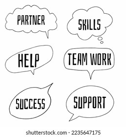set colección de burbujas de voz dibujadas a mano de PARTNER, HELP, HABILLS, TEAM WORK, SUCCESS, SUPPORT. ilustración de diseño vectorial