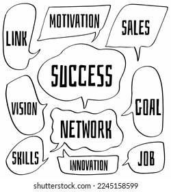 set colección de burbujas de voz dibujadas a mano de MOTIVACIÓN, LINK, VISIÓN, ÉXITO, RED, VENTAS, OBJETIVO, TRABAJO, HABILIDADES, INNOVACIÓN. negocios, finanzas. ilustración de diseño vectorial