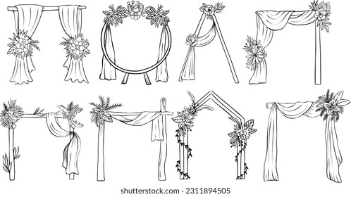 Set Collection Hand Drawn Wedding Arch Decoration Line Art Illustration vector