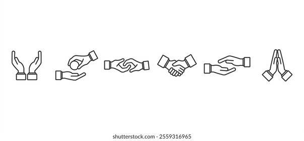 A set collection of hand gesture linear icons set. Handshake, peace and love. Hand icon set. Contains hand gestures vector icons in line form isolated on transparent background. Editable stroke.