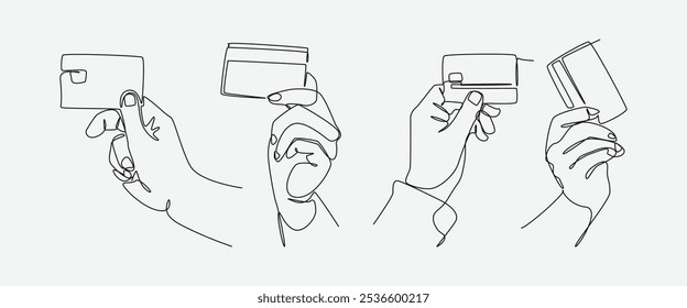 Defina a coleção de mãos segurando cartão de crédito no estilo de desenho contínuo de uma linha. Linha editável. Ilustração vetorial.