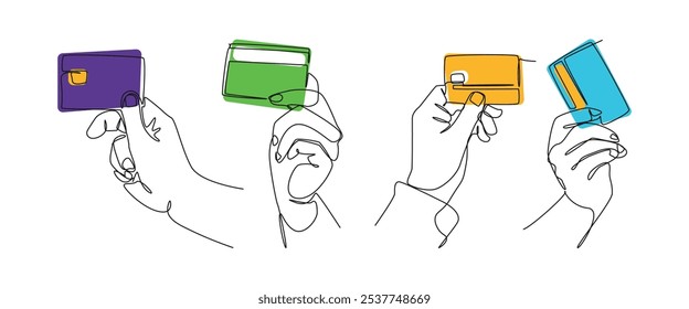 Set collection of hands holding credit card in continuous one line drawing style. Editable line and colored. Vector illustration.