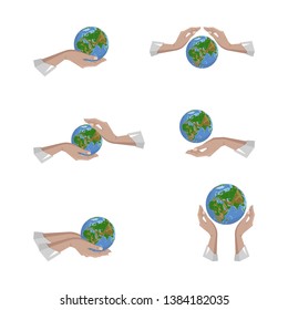 set, a collection of hands holding the globe, save the concept of the planet. Vector illustration for poster, wallpaper, banners, stickers and other uses