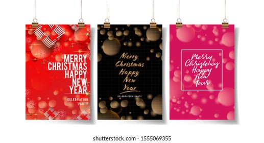 set collection of happy new year and merry christmas poster 2d illustration vector, party fun celebration, holiday with season greeting, banner frame invitaion card