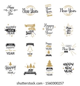 Set, collection of Happy New Year 2020 icons, holiday, simple lettering typography, gift or invitational card, invitation EPS Vector