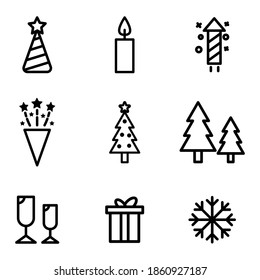 Set, collection of Happy New Year related icons, icon, Merry Christmas, holidays, celebration, End Year holidays, outline icons on white background EPS Vector
