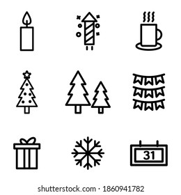 Set, collection of Happy New Year related icons, icon, Merry Christmas, holidays, celebration, End Year holidays, outline icons on white background EPS Vector