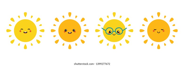 Set, collection of happy, smiling, joyful cartoon style sun characters for summer, vacation design.