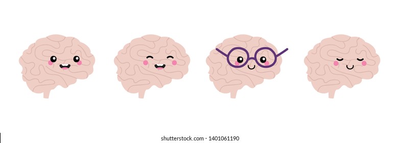 Set, collection of happy, smiling, joyful cartoon style human brain characters for medical of education design.