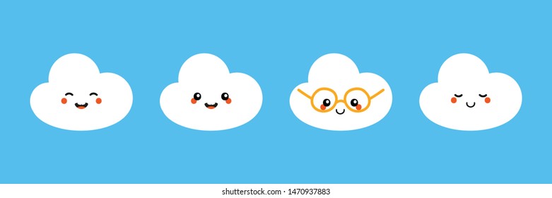 Set, collection of happy, smiling, joyful cartoon style cloud characters for summer, weather design.