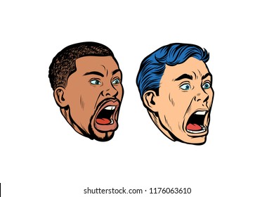 set collection head Caucasian and African man. Pop art retro vector illustration kitsch vintage