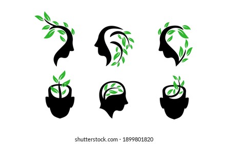 set collection head face with green leaf logo icono ilustración