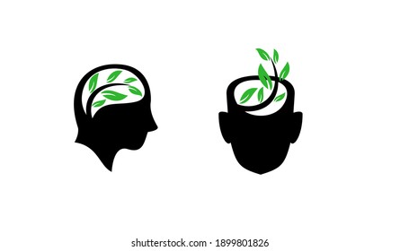 set collection head face with green leaf logo icon design illustration
