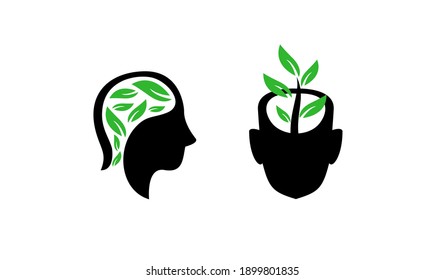 set collection head face with green leaf logo icon design illustration