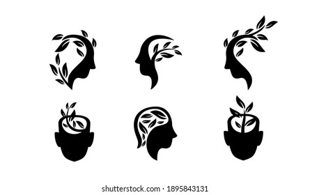 set collection head face with leaf black white logo icon design flat illustration