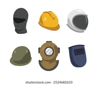 Definir coleção de capacete e máscara. Balaclava, máscara de solda, segurança, astronauta, exército e capacete de mergulho velho. Ilustração de vetor plano.