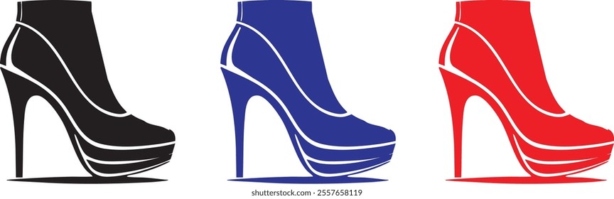 Set, collection of high heel shoes silhouettes, vector isolated on white background.
