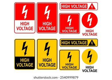 Colección del sistema de Plantillas de la etiqueta engomada de la advertencia del alto voltaje con los iconos del perno del relámpago, Diseños simples y variados, Ilustraciones vectoriales en el fondo blanco, archivo editable del EPS para la señalización de la seguridad