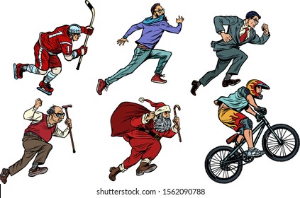 set collection hockey man cyclist businessman runner hipster Santa Claus. Pop art retro vector illustration drawing