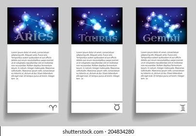 Set or collection horoscope or zodiac or constellation aries, taurus, gemini