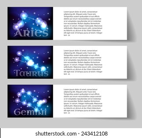 Set or collection horoscope or zodiac or constellation aries, taurus, gemini