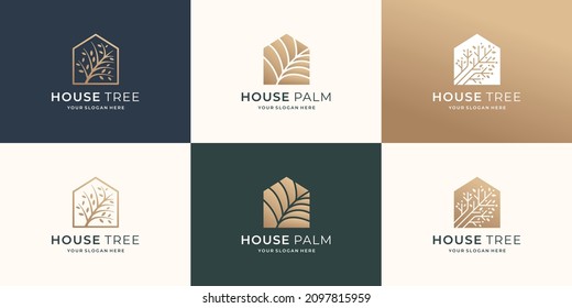 set of collection house logo template. house tree, house palm, house inspiration design.