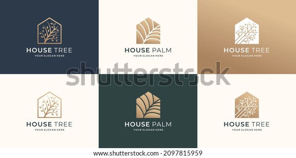 set of collection house logo\
template. house tree, house palm, house inspiration\
design.