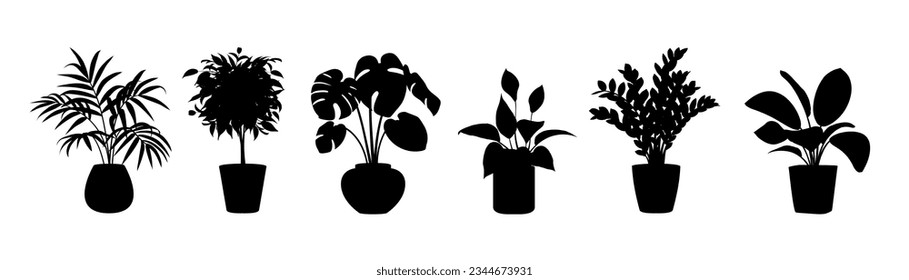 Set, collection of houseplant silhouettes, leaf, plant, pot. Floral decoration. Home, house flower. Interior design, indoor blossom. Isolated on white background. Vector illustration.