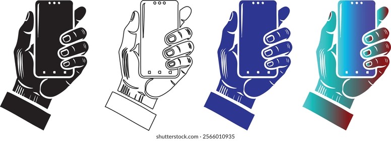 set collection of human hand holding bezel-less smartphone silhouette icon, mobile cellular phone flat vector illustration isolated on white background
