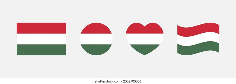 Set, collection of hungarian flags in different sizes and shapes for national and public holidays.