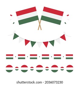 Set, collection of hungarian flags with garlands and decorations for national and public holidays.
