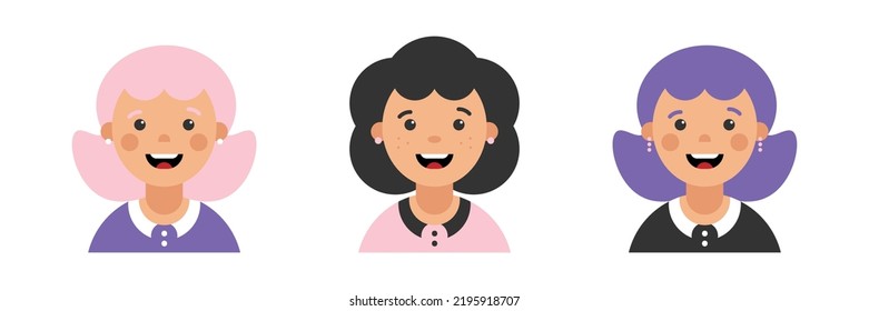 Set, Collection Of Icons With Smiling Cheerful Women, Ladies. Female Avatars, Portraits, Profile Pictures. Modern Female Representation.
