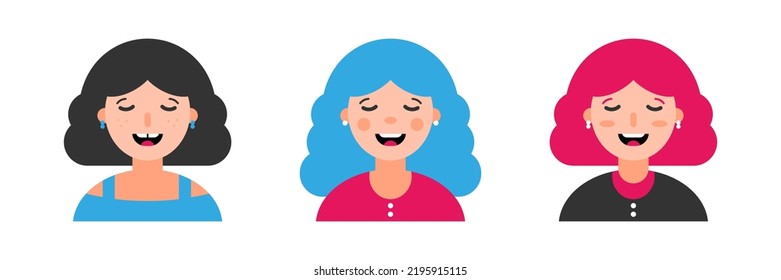 Set, Collection Of Icons With Smiling Happy Girls, Women. Female Avatars, Portraits, Profile Pictures. Modern Young Female Representation.

