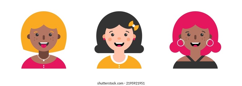 Set, Collection Of Icons With Smiling Happy Girls, Women. Female Avatars, Portraits, Profile Pictures. Modern Young Female Representation.
