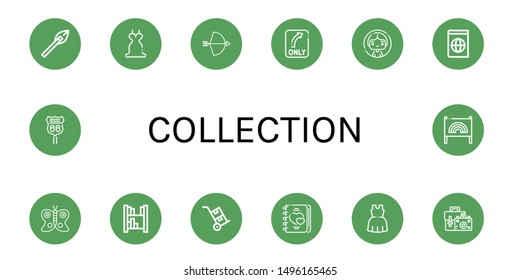 Set of collection icons such as Arrows, Dress, Bow, Turn, Woman, Atlas, Butterfly, Bookshelf, Trolley, Love, Camera bag, Road sign, Banner , collection