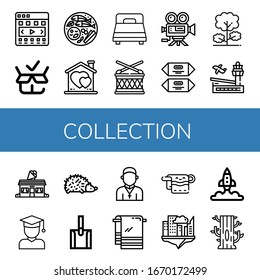 Set of collection icons. Such as Carousel, Packed, Thai food, Heart, Bed, Drum, Video camera, Chocolate, Tree, Airport, Ice cream shop, Student, Hedgehog, Shovel , collection icons