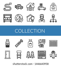 Set of collection icons such as Destination, Potting bench, Off road, Globe, Cloud, House, Car, Sailor, Shopping bag, Bug, Spices, Door, Action camera, Chair, Rubbish , collection