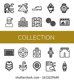 Set of collection icons. Such as Sheep farm, Sailor, Geometry, Online learning, Shoes, Map, Flower bouquet, Liquorice, Watch, Banner, Goal, Poncho, Seo, Sink , collection icons