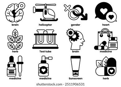 Um conjunto de ilustrações no conceito de objetos médicos