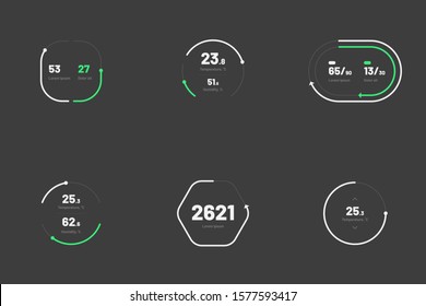 Mit der Auflistung der Indikatorvorlage festlegen. Dashboard-Benutzeroberfläche und UX-Kit. Leitmitteldesign mit Fortschrittsbalken oder Temperaturregelung. Schwarzer Hintergrund. EPS10.