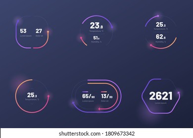 Set with collection of indicator template. UI and UX Kit. Control center design with progress bar or temperature control. Black background. Eps 10.