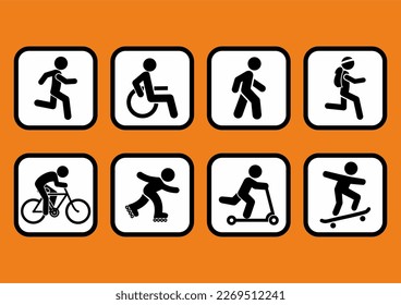 Set, collection Information sign, path for pedestrians and cyclists, runner, wheel chair, walker, cyclist, jogging, skater, push scooter, skateboarder,  illustration, template, vector icon, symbols