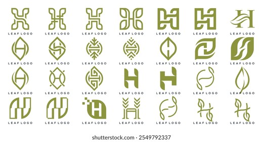 set of collection initial letter H logo design, green leaf nature vector icon concept