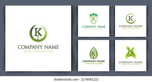 set collection initial letter k monogram logo, with leaf bowl seed logo design vector illustration