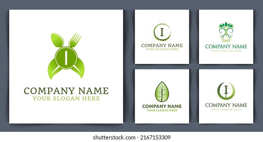 set collection initial letter i monogram logo, with leaf bowl seed logo design vector illustration