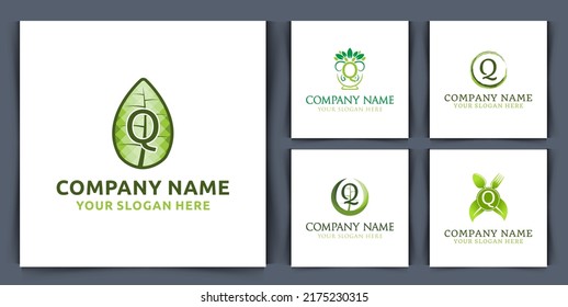 set collection initial letter q monogram logo, with leaf bowl seed logo design vector illustration