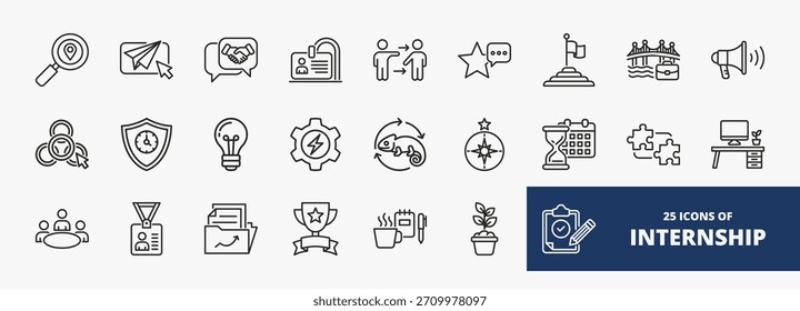 set of A collection of internship icons suitable for web and mobile application. Set of outline style icons with discovery, apply, interview, onboarding, and more icons.