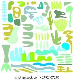 Set or collection of isolated blue-green abstract free forms on an isolated white background