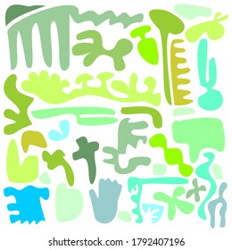 Set or collection of isolated blue-green abstract free forms on an isolated white background