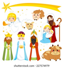 Set collection of isolated cartoon Christmas Nativity manger design elements